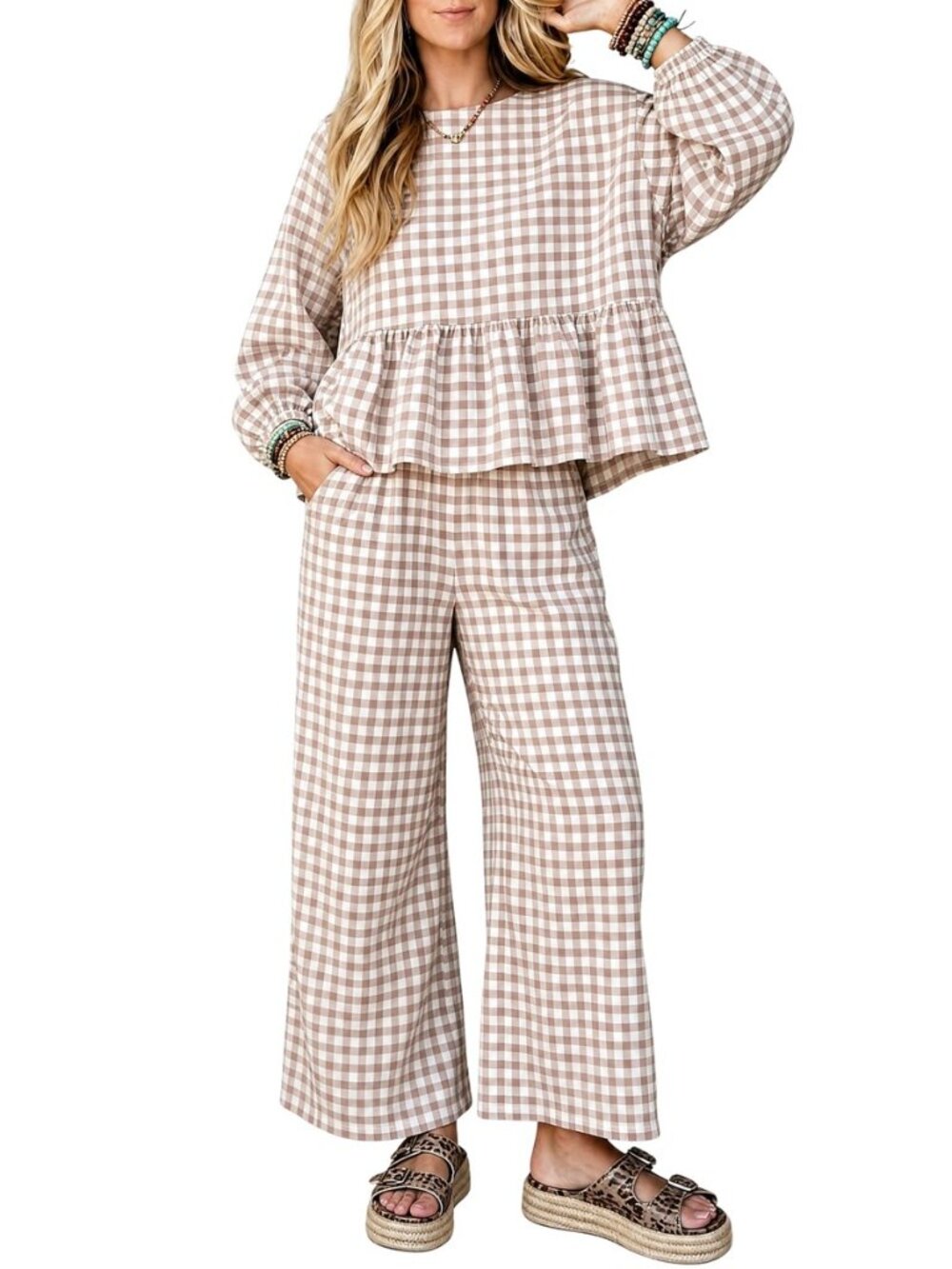 Womens 2 Piece Long Sleeve Gingham Dailywear Lounge Sets